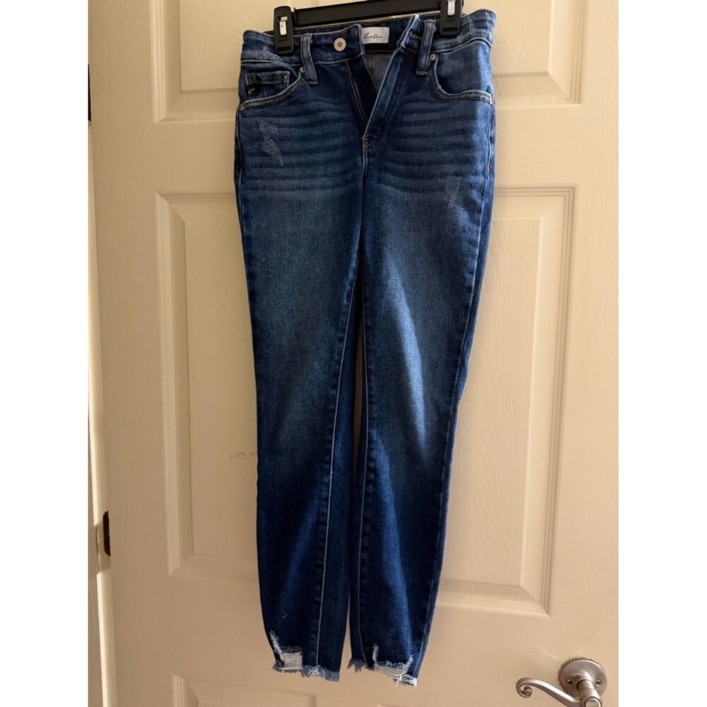 KanCan Mid-Dark Blue Skinny Jeans with Frayed Hem